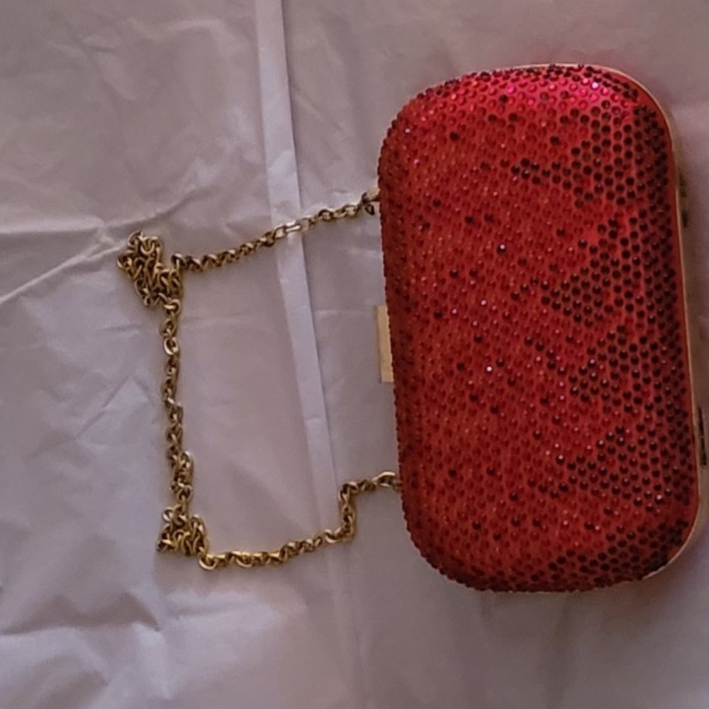 Judith Leiber Vintage Red Satin Swarovski Crystal Clutch Purse